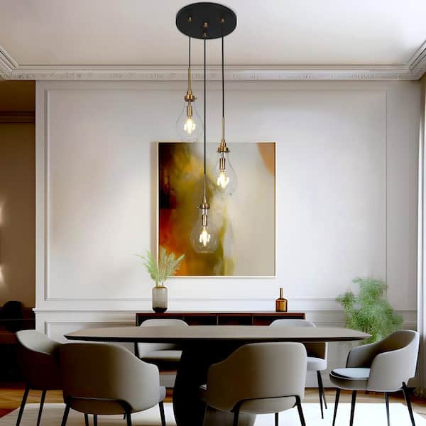 Transitional Kitchen Island Cluster Pendant Light 3-Light Plating Brass Pendant Light with Teardrop Clear Glass Shades