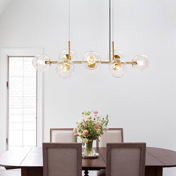 REVERSO 8-Light Metal Brass Branch Linear Bubble Modern Chandelier with Globle Clear Glass Shade for Dining Room Kitchen