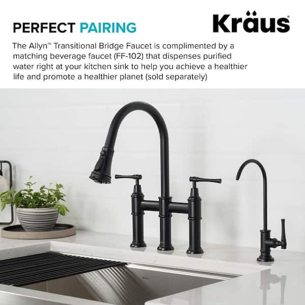 Allyn Double Handle Transitional Bridge Kitchen Faucet with Pull-Down Sprayhead in Matte Black