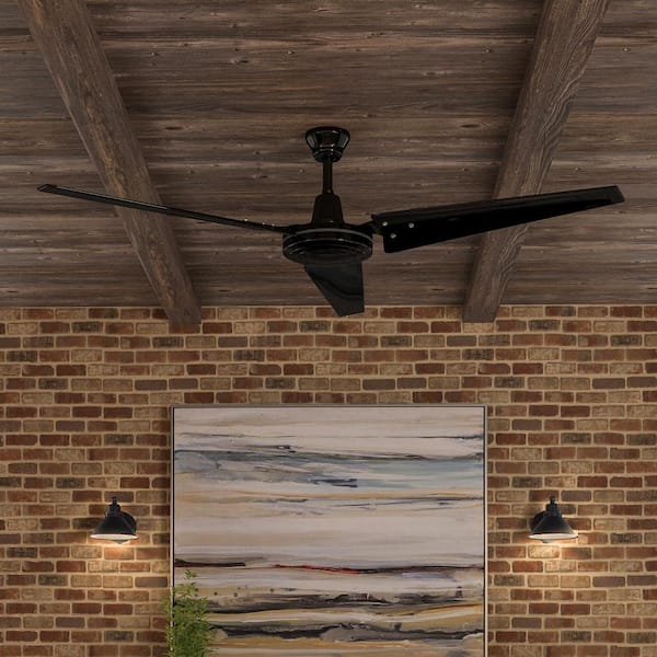 Industrial 60 in. Indoor/Outdoor Black Ceiling Fan with Wall Control, Downrod and Powerful Reversible Motor