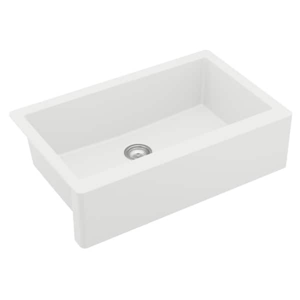 QA-740 Quartz/Granite 34 in. Single Bowl Farmhouse/Apron Front Kitchen Sink in White with Bottom Grid and Strainer