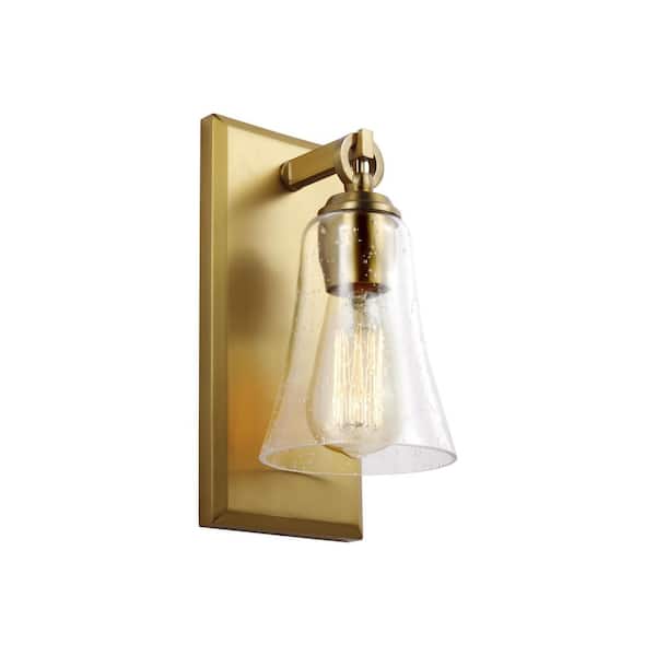 Monterro 5 in. W. 1-Light Burnished Brass Wall Sconce with Clear Seeded Glass Shade