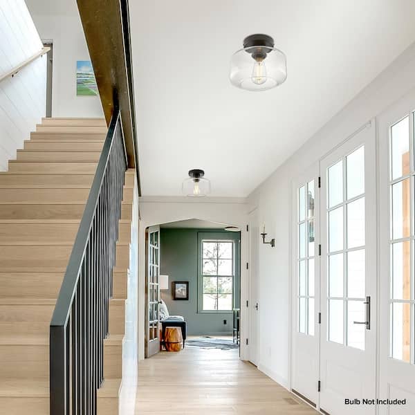 Semi Flush Mount Industrial Ceiling Light Fixture, Black with Clear Glass Pendant Lamp Shade, Bulb Not Included