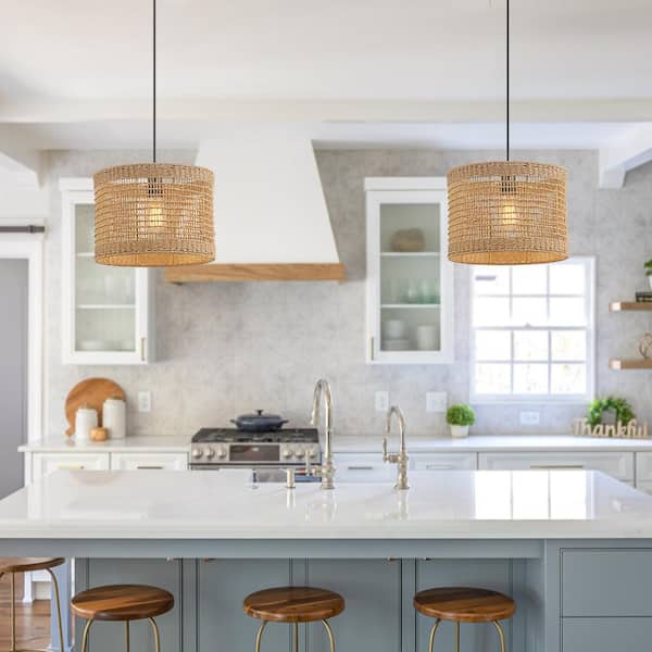 Bohe 13.8 in. 1-Light Black Bohemian Island Pendant with Natural Rattan Shade