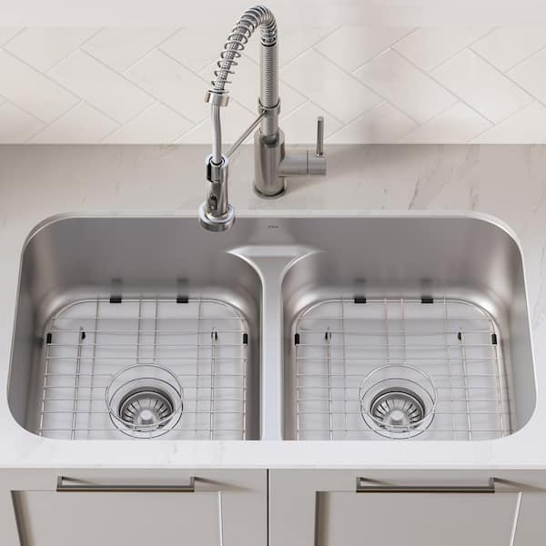 Ellis All-in-One Undermount Stainless Steel 32 in. 50/50 Double Bowl Kitchen Sink with Commercial Pull-Down Faucet