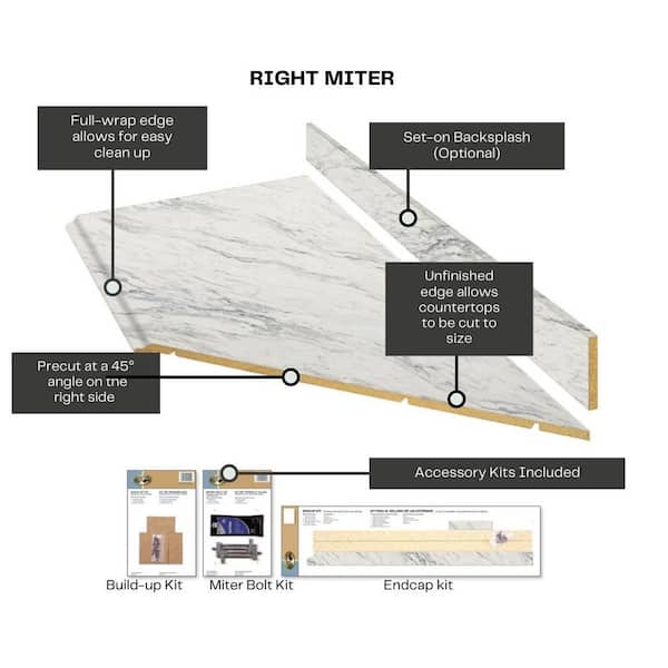 Wilsonart 8 ft. Right Miter Laminate Countertop Kit Included in Calcutta Marble with Full Wrap Ogee Edge and Backsplash