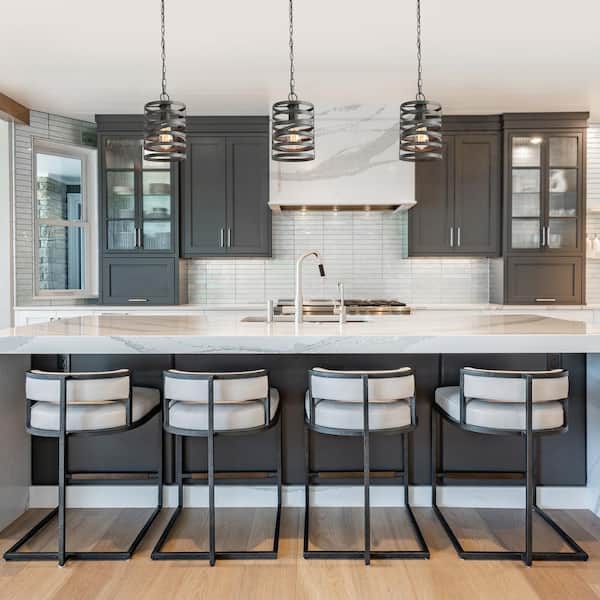 Brushed Gray Modern 1-Light Pendant Drum Cage Kitchen Island High Ceiling Light