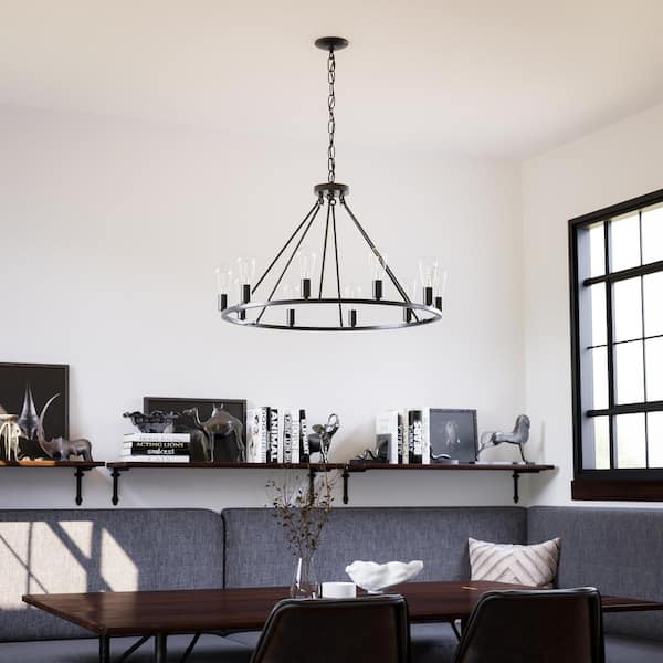 Stratton 10-Light Black Wagon Wheel, Industrial Farmhouse Dining Room Chandelier with Bulbs Included