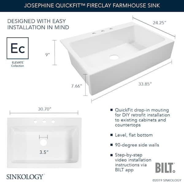 Josephine 34 in. 4-Hole Quick-Fit Drop-In Farmhouse Single Bowl Crisp White Fireclay Kitchen Sink