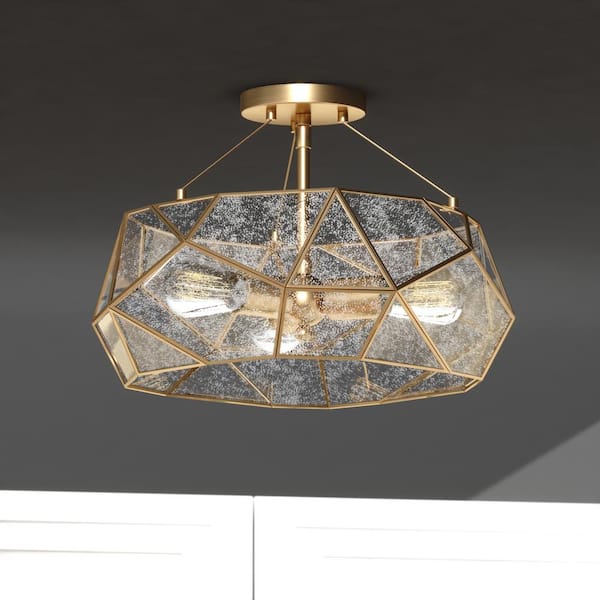 Euclid 16 in. W Gold Aged Brass Contemporary Geometric Semi Flush Mount Ceiling Light Fixture with Silver Mercury Glass