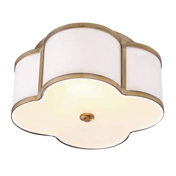 16 in. W x 8 in. H 3-Light Natural Brass Semi-Flush Mount Ceiling Light with White Fabric Shade