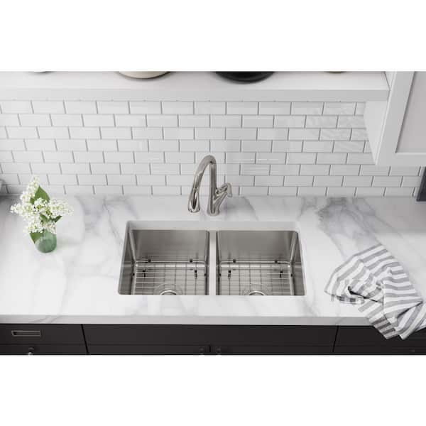 Avenue Drop-in/Undermount Stainless Steel 33 in. 50/50 Double Bowl Kitchen Sink with Bottom Grid and Drains