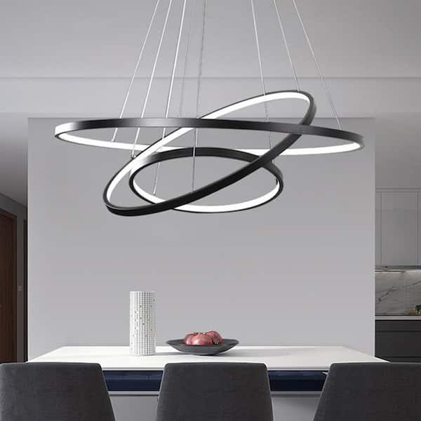 Modern 50-Watt 3-Light Tiered Integrated LED Black Rings Chandelier