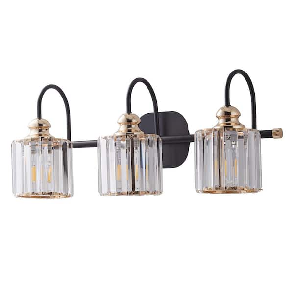 Merrin 23.1 in. 3-Light Black Golden Bathroom Vanity Light with Crystal Shades