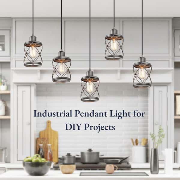 Modern Farmhouse Gray Mini Pendant Light with Dark Pewter Geometric Drum Metal Wire Cage, 1-Light Rustic Fixture for DIY