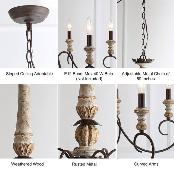Farmhouse Antique Wood Candlestick Island Chandelier, Classic 6-Light Rustic Rusty Bronze Light with Imitation Gold Leaf