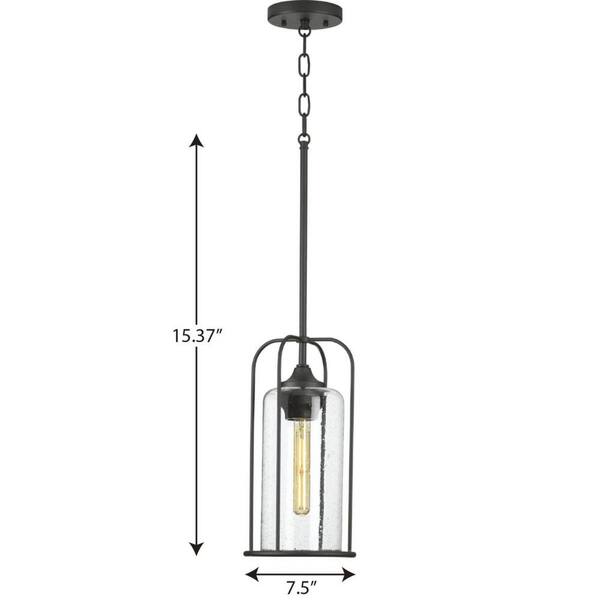 Watch Hill Collection 1-Light Textured Black Clear Seeded Glass Farmhouse Pendant Hanging Lantern Light