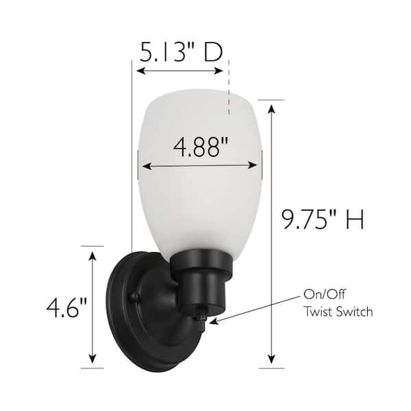 Lydia 1-Light Matte Black Indoor Dimmable Wall Sconce with Frosted Glass and Twist On/Off Switch