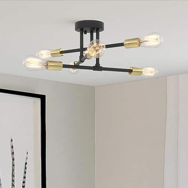 17.5 in. 6-Light Black Sputnik Semi-Flush Mount Ceiling Light