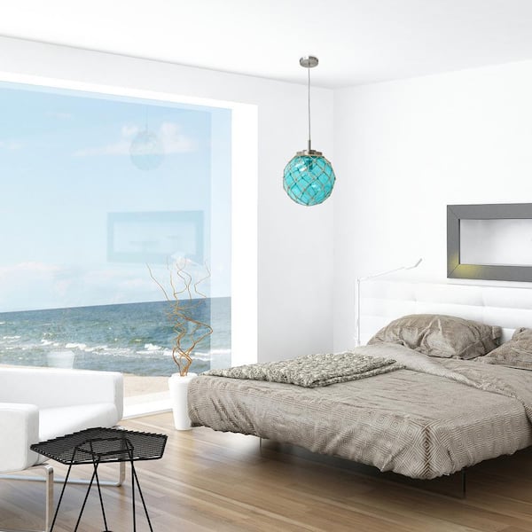 1-Light Buoy Netted Aqua Brushed Nickel Coastal Ocean Sea Glass Pendant