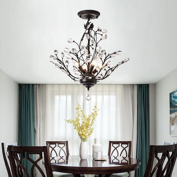 Chicago 18.1 in. 4-Light Black Unique/Statement Tiered Semi Flush Mount With Crystal Accents