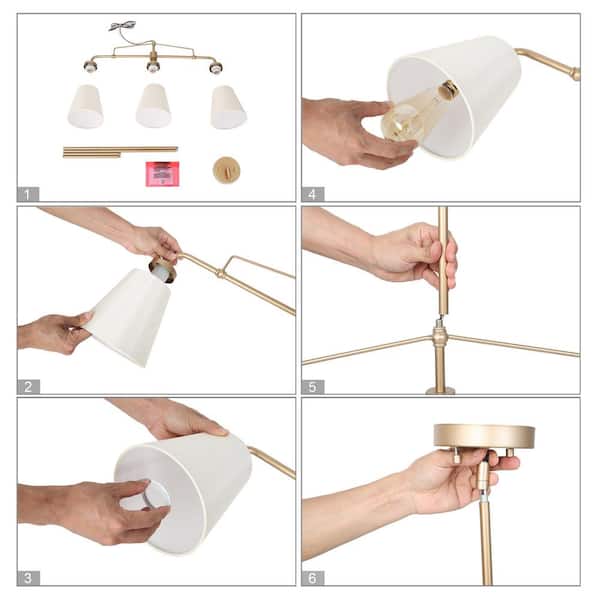 Farmhouse Gold Dining Room Chandelier, 32 in. 3-Light Modern Linear Island Chandelier with Fabric Shades