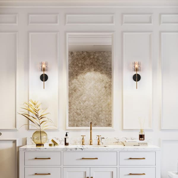 Echonalyri Modern 1-Light Glam Matte Black and Plating Brass Wall Sconce with Geometric Textured Glass Shade