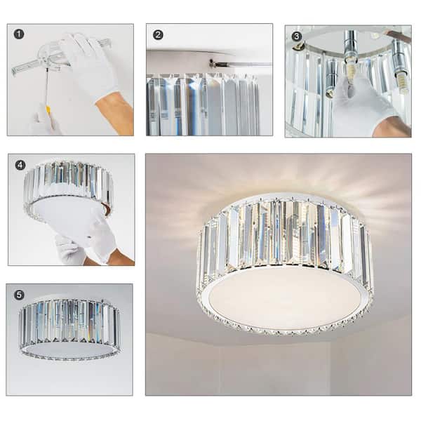 12 in. Modern 5-Light Round Silver Crystal Flush Mount Chandelier Wide