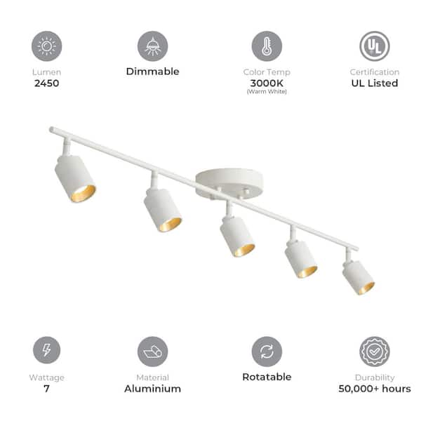 4 ft. 5-Bulb 2450 Lumens Sand White Integrated LED Track Light Kit, Fixed Rail with Rotating Heads, 3000K