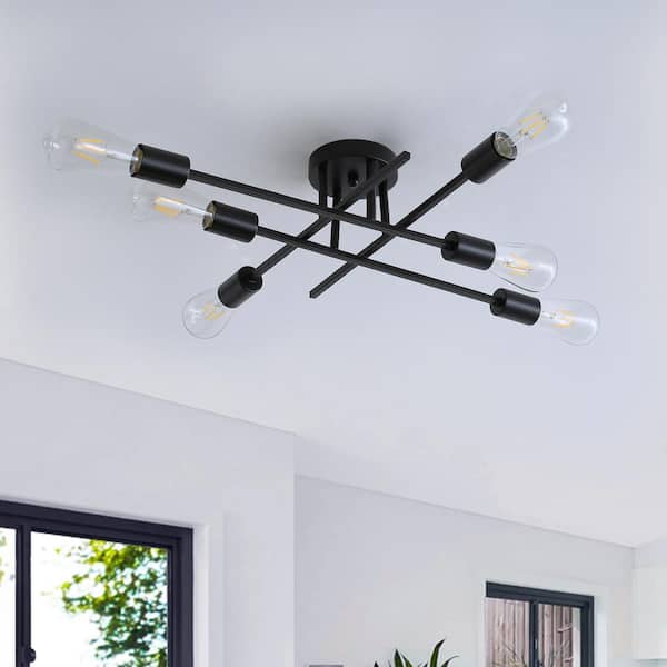 Industrial 33 in. 6-Light Black Linear Semi-Flush Mount Light Sputnik Ceiling Light