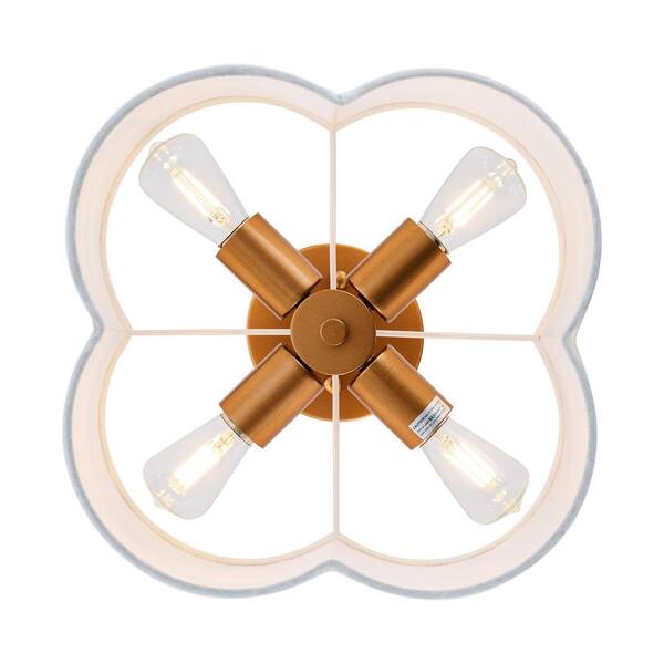 13.5 in. 4-Light Brushed Gold Semi-Flush Mount with White Fabric Drum Shade