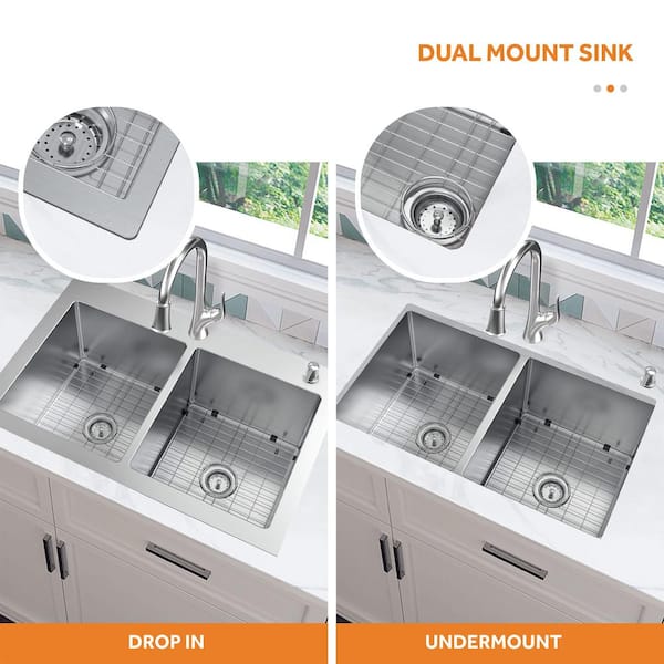 AIO Dolancourt 33 in. Drop-in/Undermount Double Bowl 18 Gauge Stainless Steel Kitchen Sink with Pull-Down Faucet