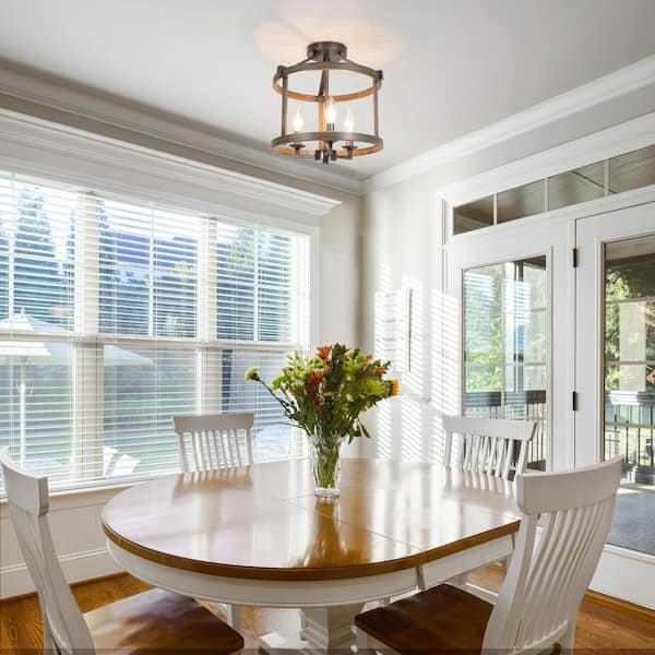 Modern Farmhouse Brown Drum Semi Flush Mount 3-Light Faux Wood Textured Candlestick Bedroom Living Room Ceiling Lighting