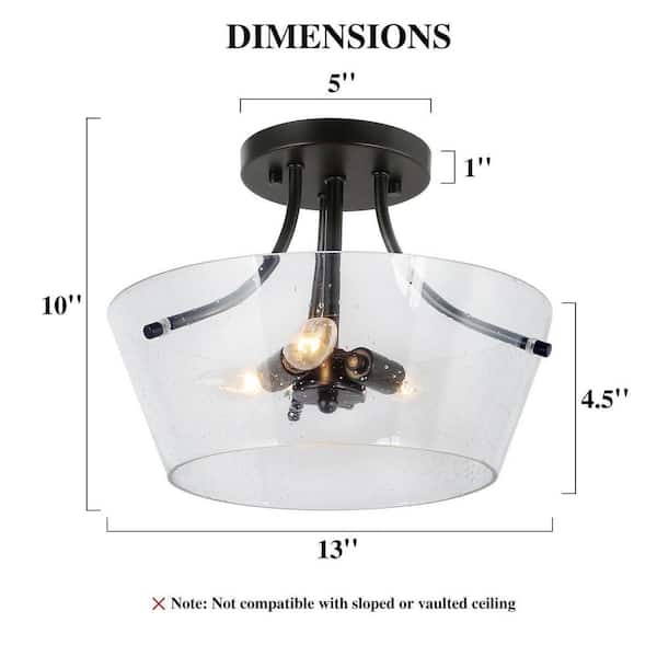 Modern Black Farmhouse 13 in. 3-Light Semi-Flush Mount Center-Bowl Ceiling Light with Seeded Glass Shade