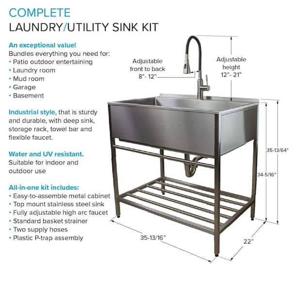 36 in. x 22 in. x 34 in. Stainless Steel Apron-Front Freestanding Utility/Laundry Sink with Wash Stand in Brushed Satin