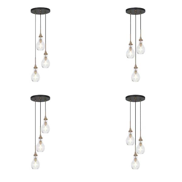 Transitional Kitchen Island Cluster Pendant Light 3-Light Plating Brass Pendant Light with Teardrop Clear Glass Shades