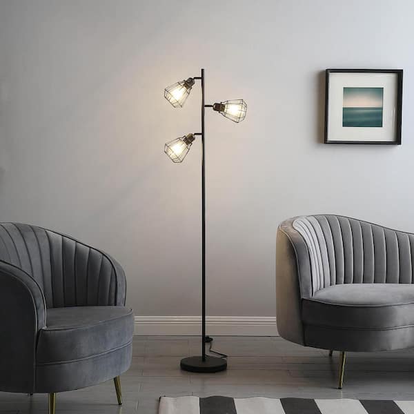 65 in. Black Matte Adjustable Cage Shade Industrial Farmhouse Metal Floor Lamp