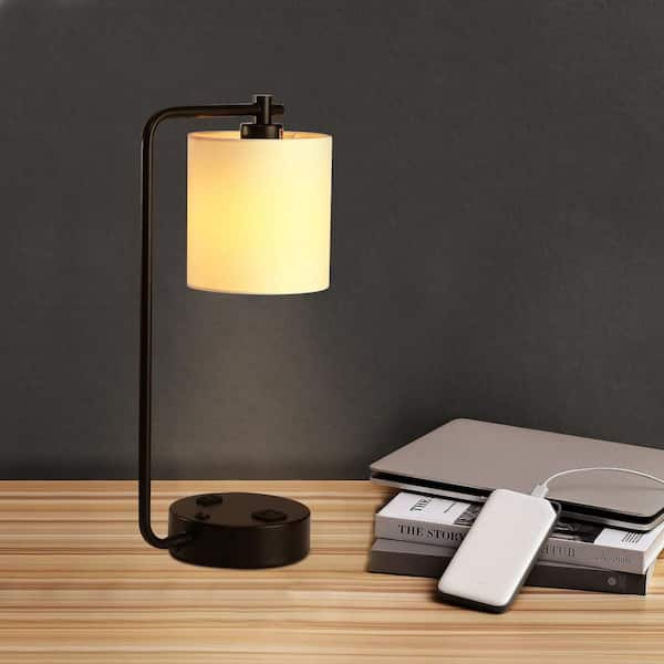 19 in. 2 USB Table Lamp with 2 outlets , White Fabric Shade