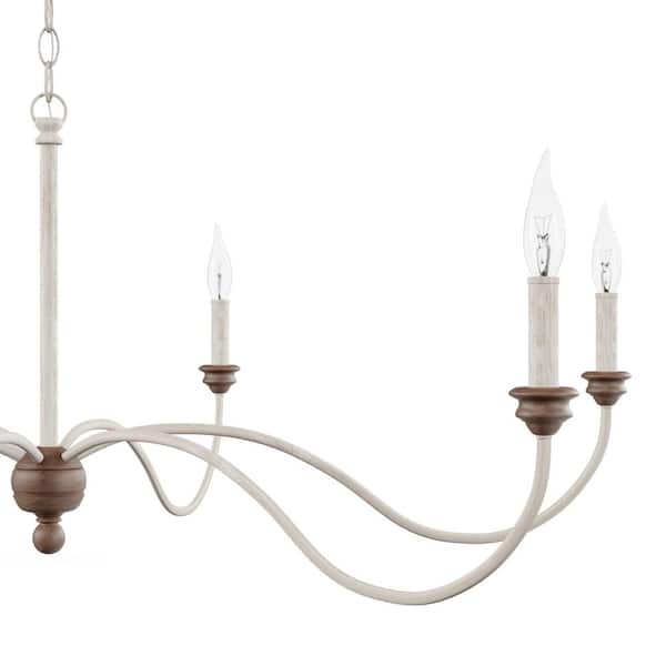 Hartsville 6-Light Chalk Washed White/Light Brown Beachwood Linear Country Coastal Farmhouse Candlestick Chandelier