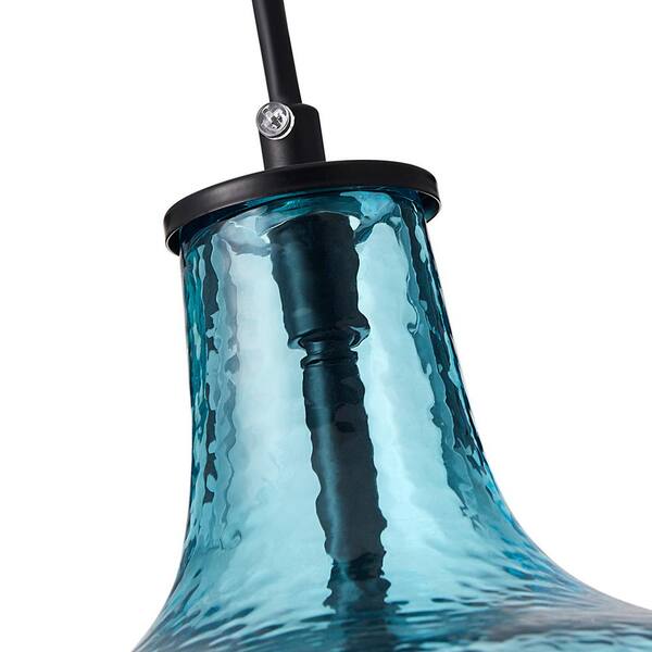 9 in. 1-Light Black Island Pendant Light Industrial Hanging Light with Blue Glass Shade