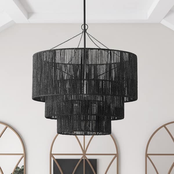23.62 in. 1-Light Farmhouse Black Coastal Woven Chandelier with Rattan Basket Shade