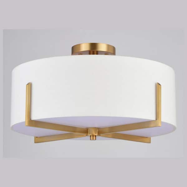 Surrey 18-in W Natural Brass Mid-Century Modern Semi Flush Mount Ceiling Light White Linen Drum Shade