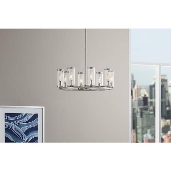 Loveland 8-Light Brushed Nickel Wagon Wheel Chandelier Light Fixture with Clear Glass Shades