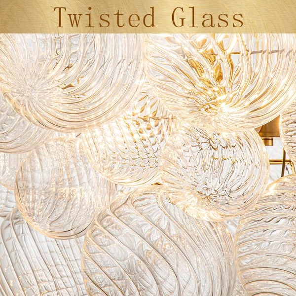 Neuvy 19 in. W 3-Light Brass Cluster Semi-Flush Mount Chandelier with Grape Swirled Glass Shades for Dining/Living