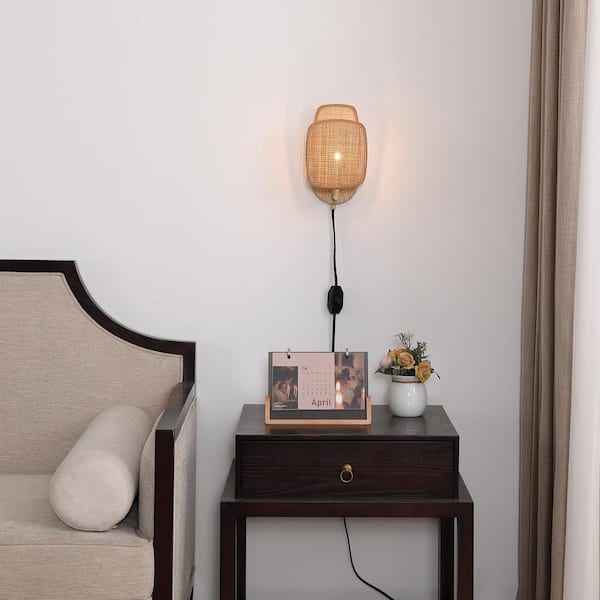 Amud - 3.68 in. 1-Light Natural Wall Sconce, Dimmable, Plug in, with Wicker Shade, No Bulb Included