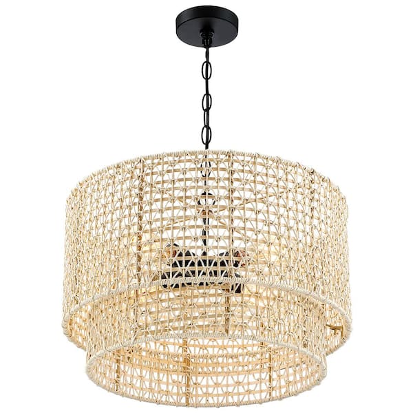 20 in. 4-Light Rattan Tiered Drum Pendant Chandelier Light with Black Canopy