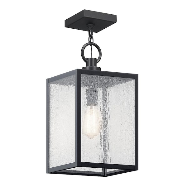 Lahden 17.25 in. 1-Light Textured Black Outdoor Convertible Hanging Pendant Light with Clear Seeded Glass (1-Pack)