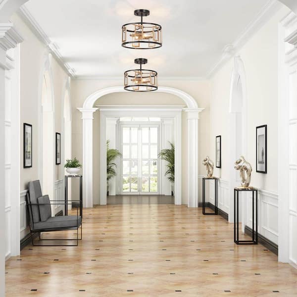 Modern Semi Flush Mount Lighting, 2-Light Antique Brushed Black and Brass Gold Kitchen Semi-Flush Mount Ceiling Light