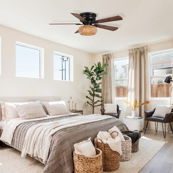 48 in. Farmhouse Bamboo Flush Mount Matte Black Ceiling Fan with Remote Control and Light Kit