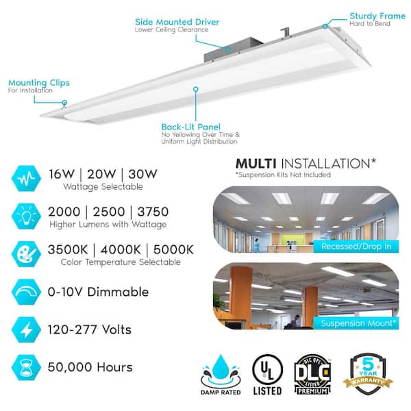 1 ft. x 4 ft. Center Basket LED Troffer Panel Light 2000/2500/3750 Lumens 3500K/4000K/5000K Dimmable Damp Rated (2-Pack)